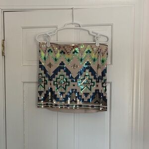 Express Sequin Mini Skirt in Beige with Blue and Green Geometric Pattern